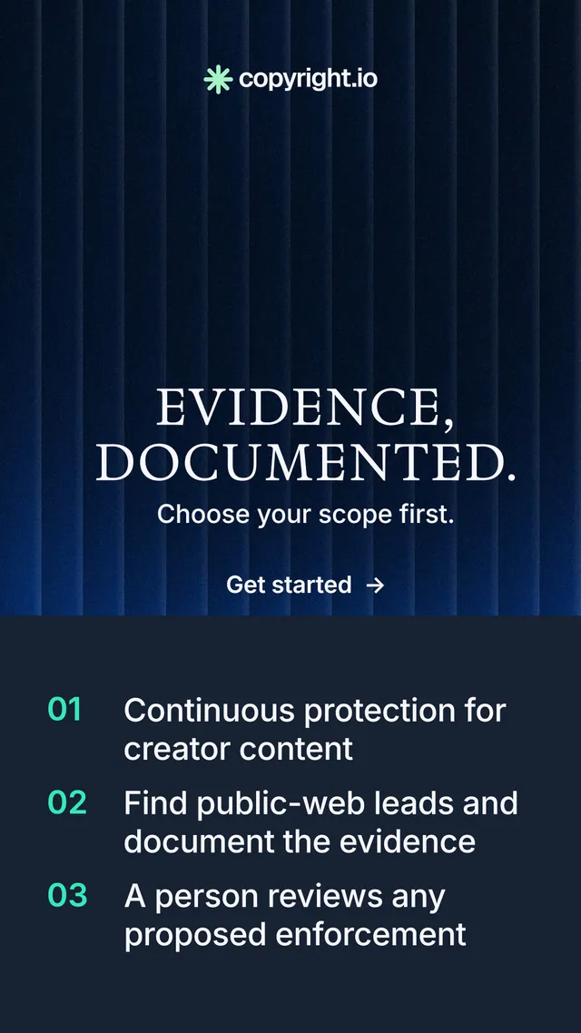 Instagram story for copyright.io: "Evidence, documented." Minimal luxury style, skeleton layout, dark palette in blue, black, grey.