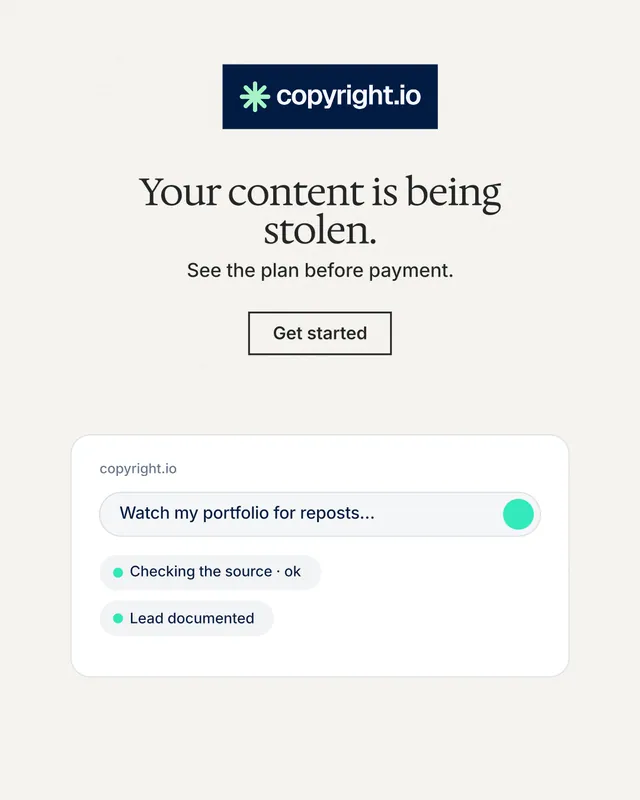 Instagram portrait post for copyright.io: "Your content is being stolen." Editorial style, centred layout, light palette in white, grey.