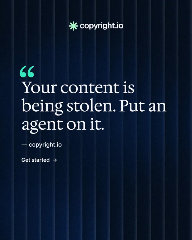 Instagram portrait post for copyright.io: "Find your reposted work." Minimal luxury style, quote layout, dark palette in black, blue.