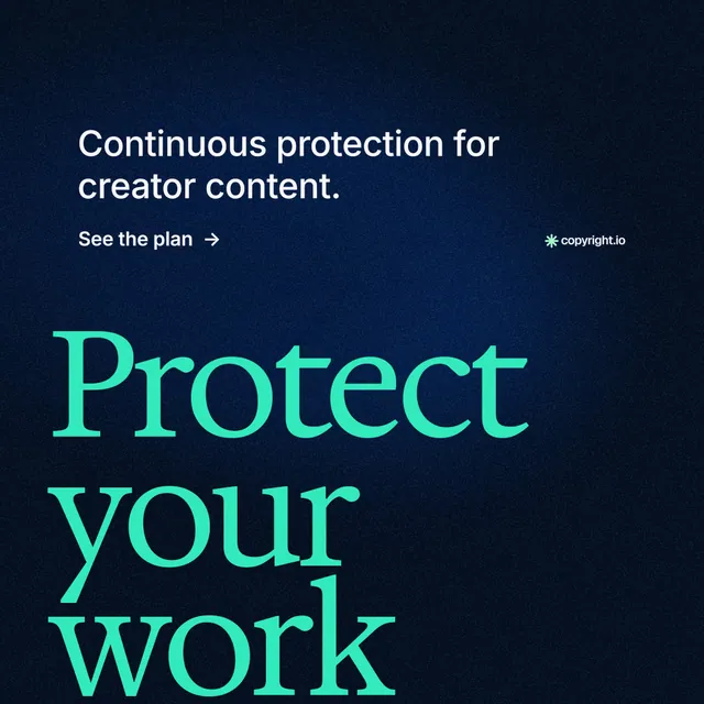 Instagram post for copyright.io: "See the plan first." Minimal luxury style, oversized layout, dark palette in black, teal.