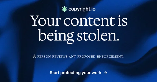 Social ad for copyright.io: "Your content is being stolen." Minimal luxury style, smallcaps layout, dark palette in blue, black.