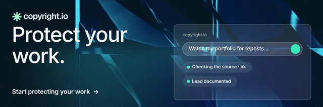 X header for copyright.io: "Protect your work." Minimal luxury style, bottom layout, dark palette in blue, black.