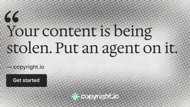 Landscape graphic for copyright.io: "Protect your work." Brutalist style, quote layout, light palette in grey, white.