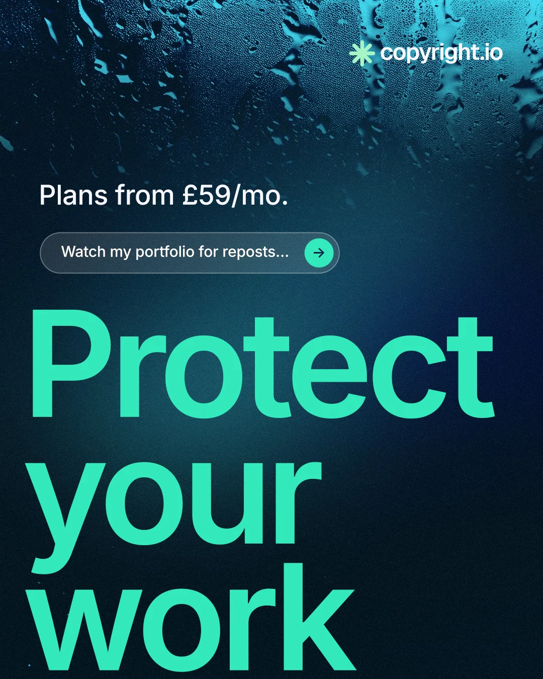 Instagram portrait post for copyright.io: "See the plan first." Agentic glass style, oversized layout, dark palette in blue, black, teal.