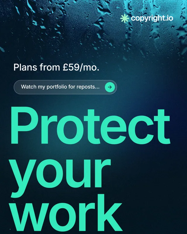 Instagram portrait post for copyright.io: "See the plan first." Agentic glass style, oversized layout, dark palette in blue, black, teal.