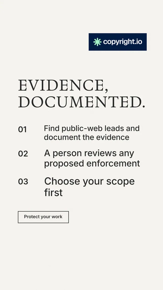 Instagram story for copyright.io: "Evidence, documented." Editorial style, numbered layout, light palette in white, grey.