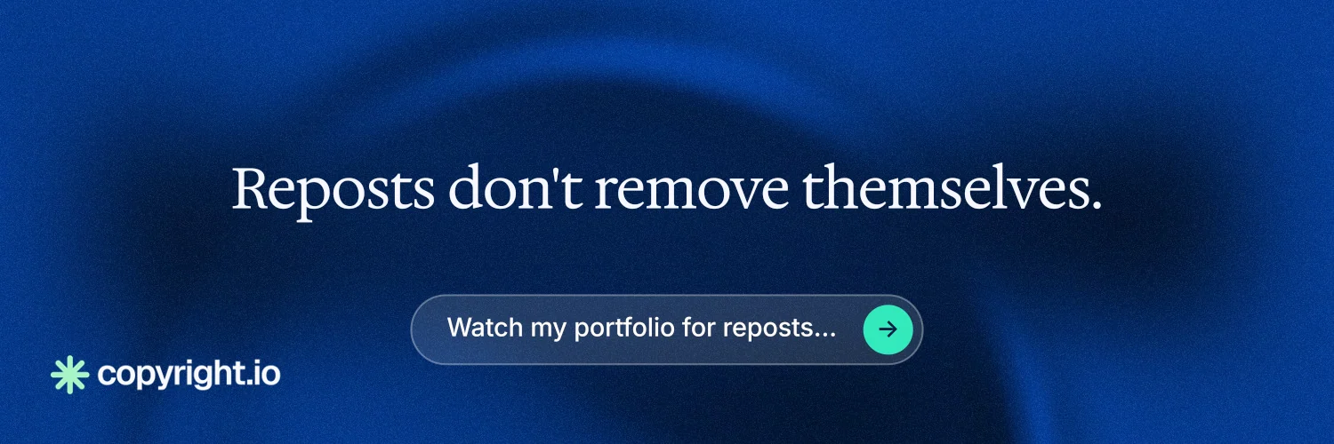 X header for copyright.io: "Reposts don't remove themselves." Agentic glass style, centred layout, dark palette in blue.