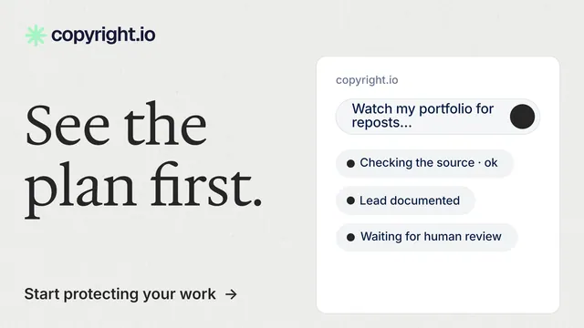 Landscape graphic for copyright.io: "See the plan first." Minimal luxury style, bottom layout, light palette in white, grey.