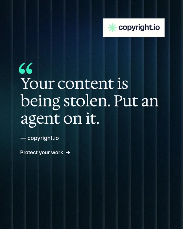Instagram portrait post for copyright.io: "Continuous protection for creators." Minimal luxury style, quote layout, dark palette in black, blue.