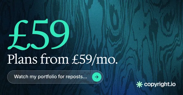 Social ad for copyright.io: "Put an agent on it." Agentic glass style, stat layout, dark palette in black, blue, teal.