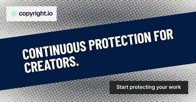 Social ad for copyright.io: "Continuous protection for creators." Retro print style, diagonal layout, dark palette in blue, grey.