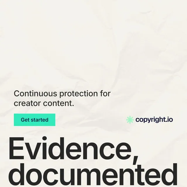 Instagram post for copyright.io: "Find your reposted work." Swiss style, oversized layout, light palette in white, green, grey.