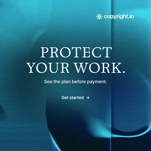 Instagram post for copyright.io: "Protect your work." Minimal luxury style, centred layout, dark palette in blue, teal.