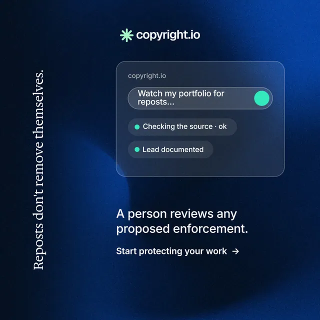 Instagram post for copyright.io: "Reposts don't remove themselves." Minimal luxury style, vertical layout, dark palette in blue, black.