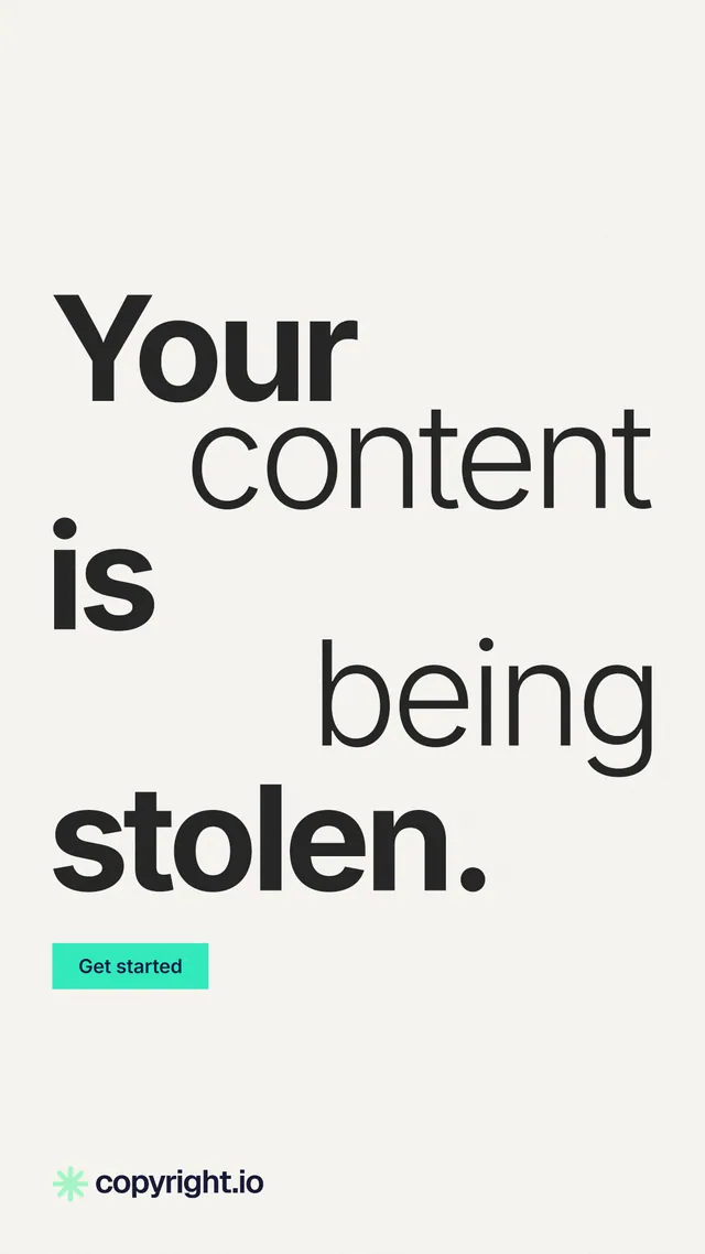 Instagram story for copyright.io: "Your content is being stolen." Swiss style, stacked layout, light palette in white, grey.