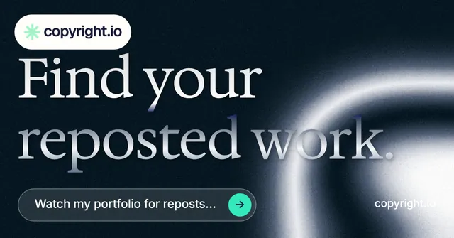 Social ad for copyright.io: "Find your reposted work." Agentic glass style, poster layout, dark palette in black, blue, grey.