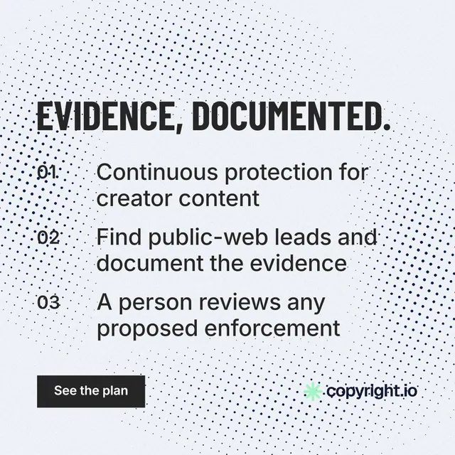 Instagram post for copyright.io: "Evidence, documented." Retro print style, numbered layout, light palette in blue, white, grey.