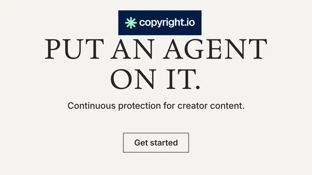 Landscape graphic for copyright.io: "Put an agent on it." Editorial style, centred layout, light palette in white, grey.