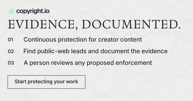 Social ad for copyright.io: "Evidence, documented." Editorial style, numbered layout, light palette in white, grey.