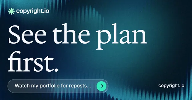 Social ad for copyright.io: "See the plan first." Agentic glass style, poster layout, dark palette in black, blue.