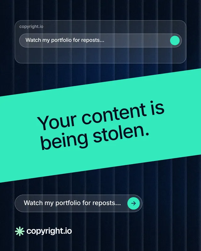 Instagram portrait post for copyright.io: "Your content is being stolen." Agentic glass style, diagonal layout, dark palette in teal, black, blue.