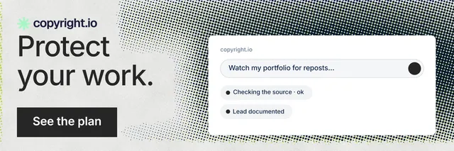 X header for copyright.io: "Protect your work." Swiss style, skeleton layout, light palette in white, grey.