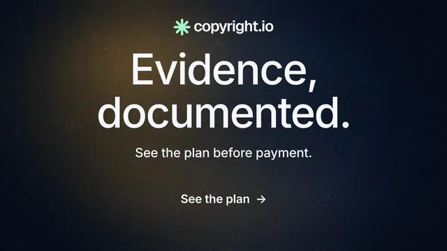 Landscape graphic for copyright.io: "Evidence, documented." Minimal luxury style, centred layout, dark palette in black, grey.