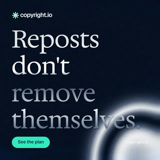 Instagram post for copyright.io: "Reposts don't remove themselves." Y2K style, poster layout, dark palette in black, grey.
