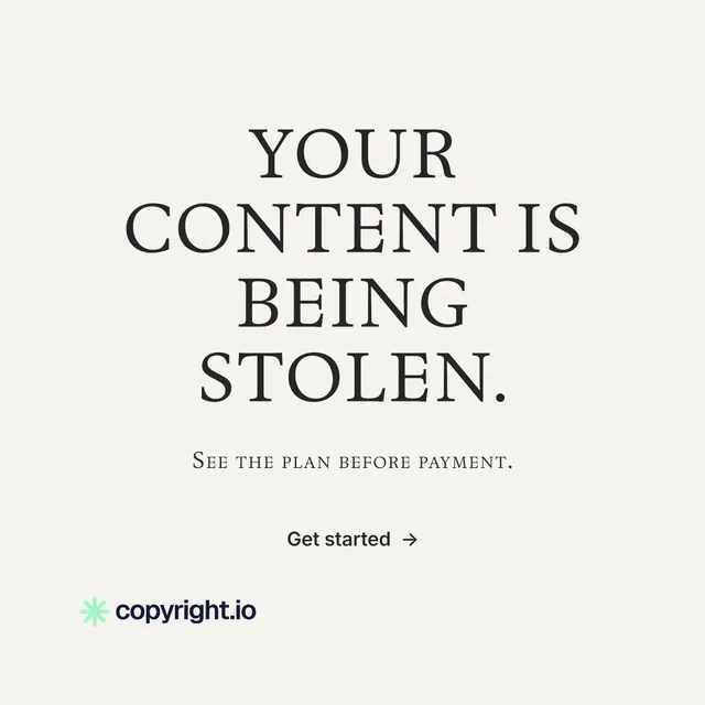 Instagram post for copyright.io: "Your content is being stolen." Editorial style, smallcaps layout, light palette in white, grey.