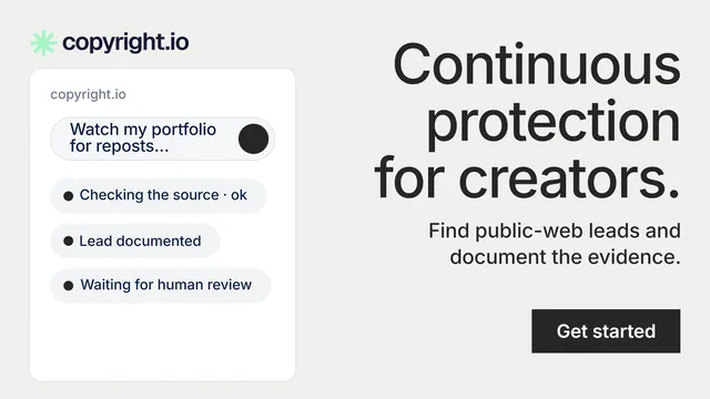Landscape graphic for copyright.io: "Continuous protection for creators." Swiss style, right layout, light palette in white, grey.