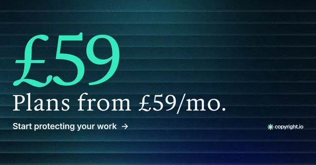 Social ad for copyright.io: "See the plan first." Minimal luxury style, stat layout, dark palette in blue, black, teal.