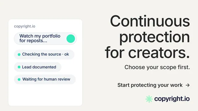Landscape graphic for copyright.io: "Continuous protection for creators." Minimal luxury style, right layout, light palette in white, grey.