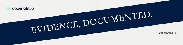 LinkedIn banner for copyright.io: "Evidence, documented." Minimal luxury style, diagonal layout, light palette in white, blue.