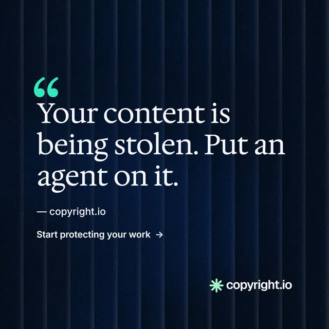 Instagram post for copyright.io: "Your content is being stolen." Minimal luxury style, quote layout, dark palette in black, blue.