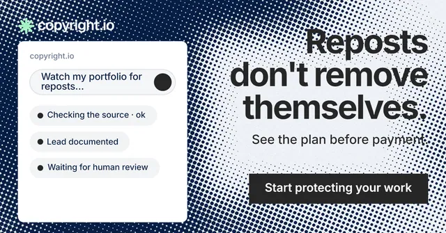 Social ad for copyright.io: "Reposts don't remove themselves." Swiss style, right layout, light palette in grey, blue, white.