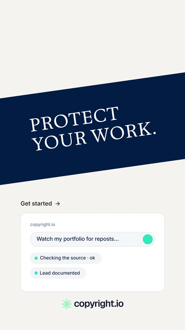 Instagram story for copyright.io: "Protect your work." Minimal luxury style, diagonal layout, light palette in white, blue.