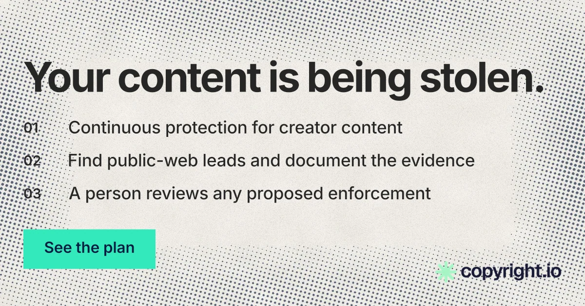 Social ad for copyright.io: "Your content is being stolen." Swiss style, numbered layout, light palette in white, yellow, grey.