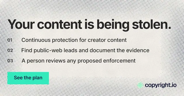 Social ad for copyright.io: "Your content is being stolen." Swiss style, numbered layout, light palette in white, yellow, grey.