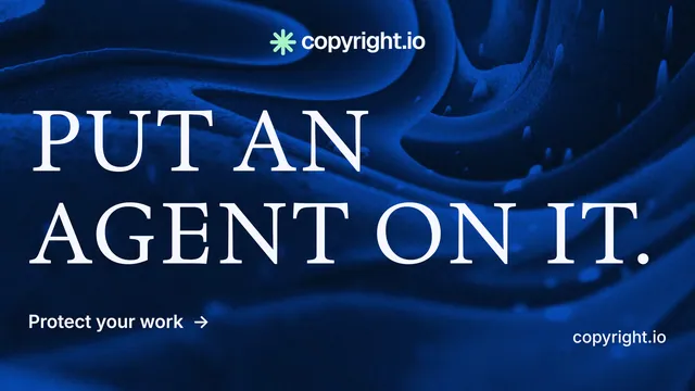Landscape graphic for copyright.io: "Put an agent on it." Minimal luxury style, poster layout, dark palette in blue, black.