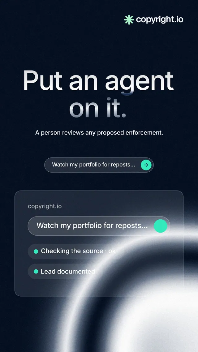 Instagram story for copyright.io: "Put an agent on it." Agentic glass style, centred layout, dark palette in black, blue, grey.