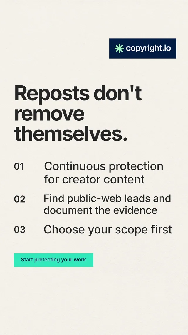 Instagram story for copyright.io: "Reposts don't remove themselves." Swiss style, numbered layout, light palette in white, grey.
