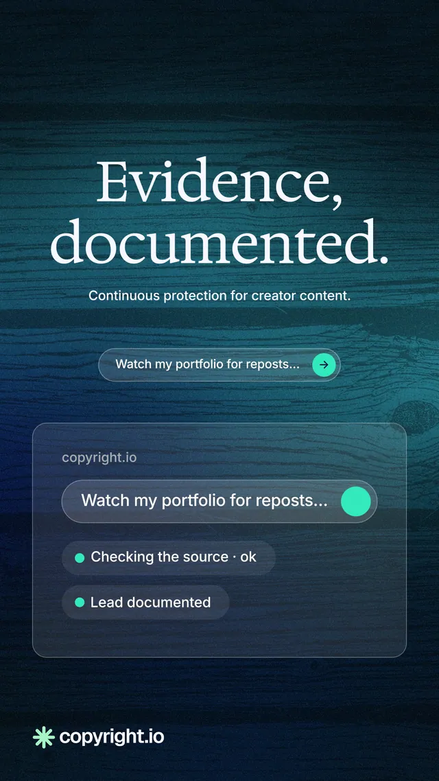 Instagram story for copyright.io: "Evidence, documented." Agentic glass style, centred layout, dark palette in blue, black, teal.