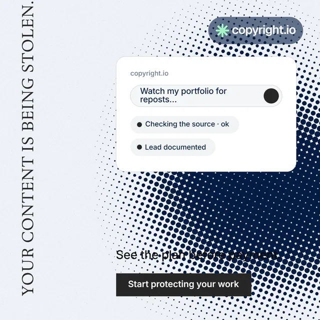 Instagram post for copyright.io: "Your content is being stolen." Split block style, vertical layout, light palette in white, blue.