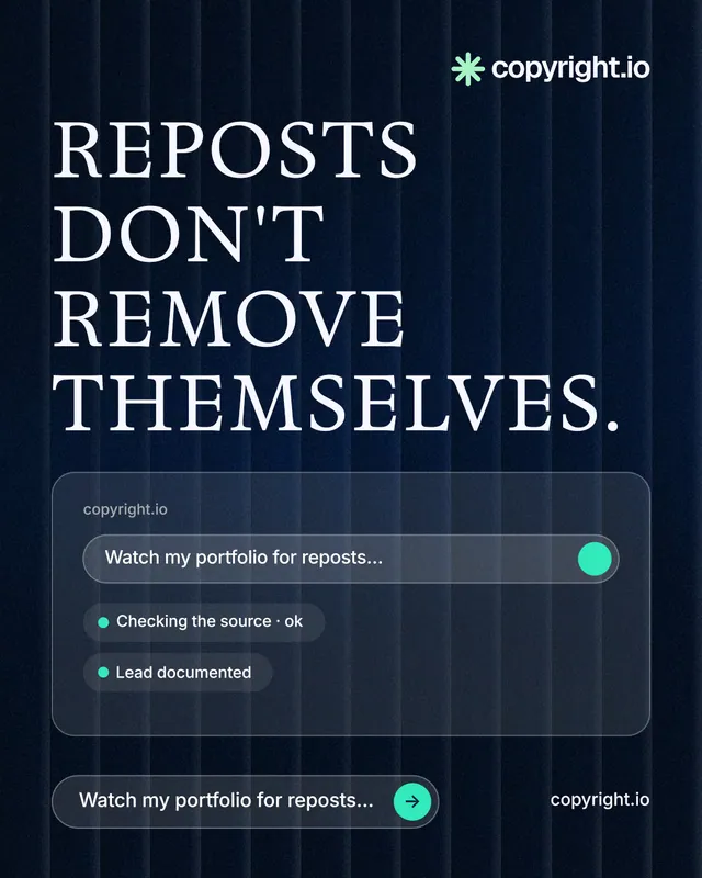 Instagram portrait post for copyright.io: "Reposts don't remove themselves." Agentic glass style, poster layout, dark palette in blue, black, grey.