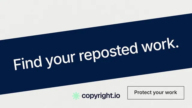 Landscape graphic for copyright.io: "Find your reposted work." Editorial style, diagonal layout, light palette in white, blue.