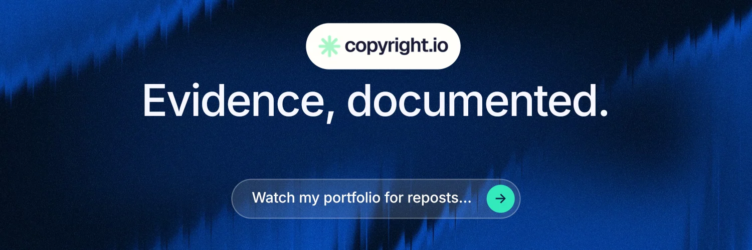 X header for copyright.io: "Evidence, documented." Agentic glass style, centred layout, dark palette in blue, black.