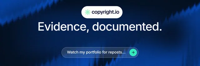X header for copyright.io: "Evidence, documented." Agentic glass style, centred layout, dark palette in blue, black.