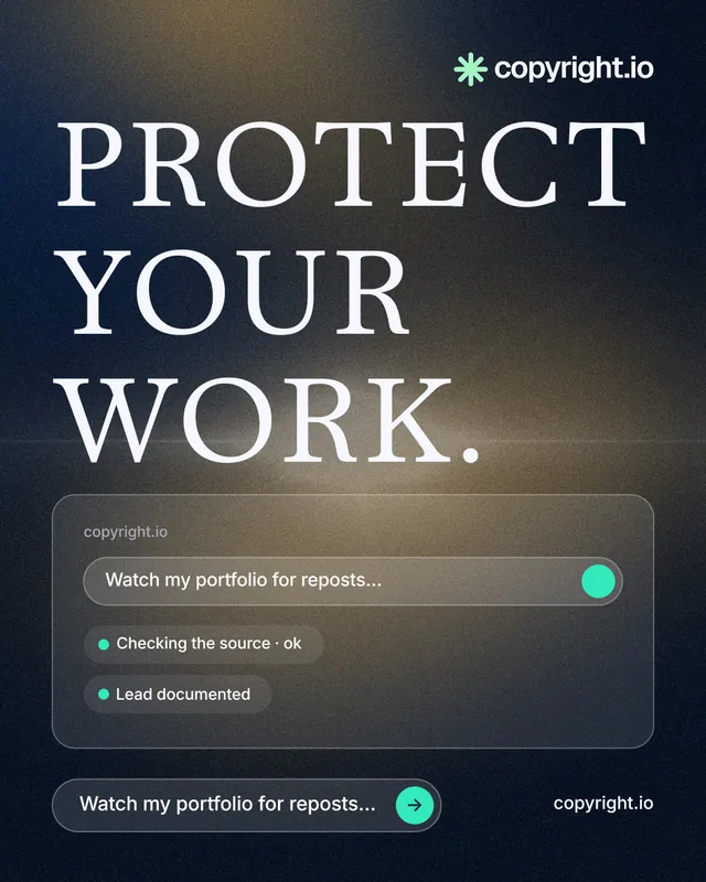 Instagram portrait post for copyright.io: "Protect your work." Agentic glass style, poster layout, dark palette in black, grey.