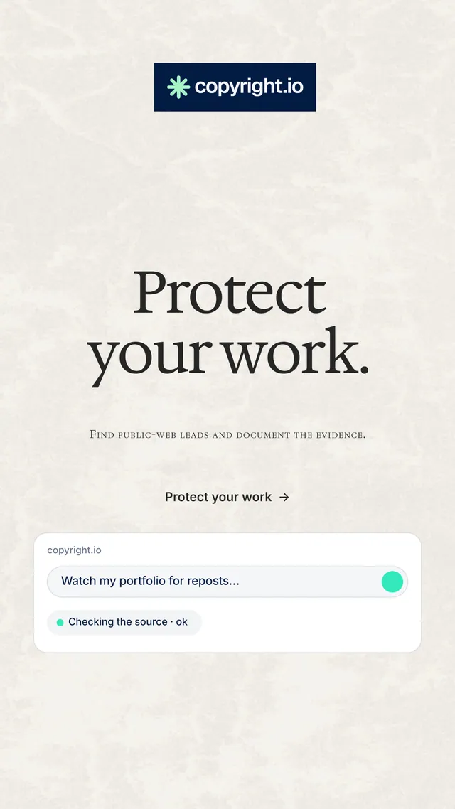 Instagram story for copyright.io: "Protect your work." Swiss style, smallcaps layout, light palette in yellow, white, grey.
