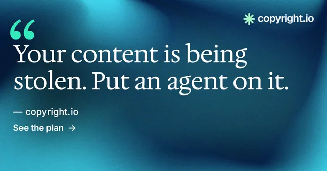 Social ad for copyright.io: "Evidence, documented." Minimal luxury style, quote layout, dark palette in teal, blue.